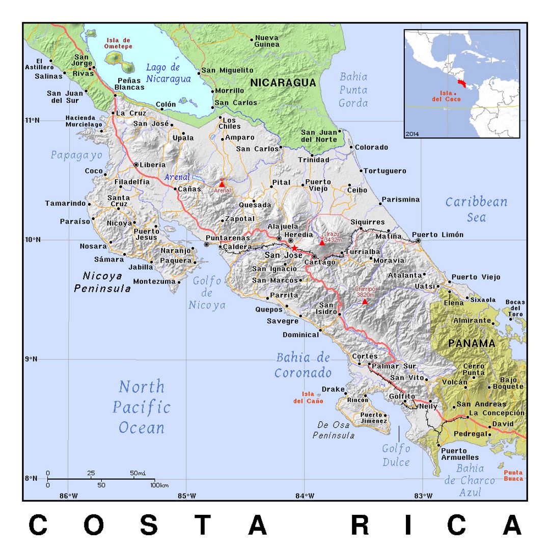 Детальная политическая карта Коста-Рики с рельефом