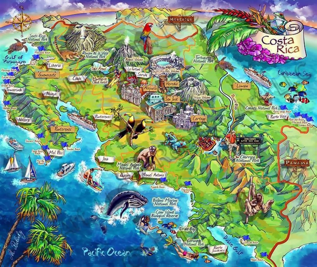 Детальная туристическая иллюстрированная карта Коста-Рики