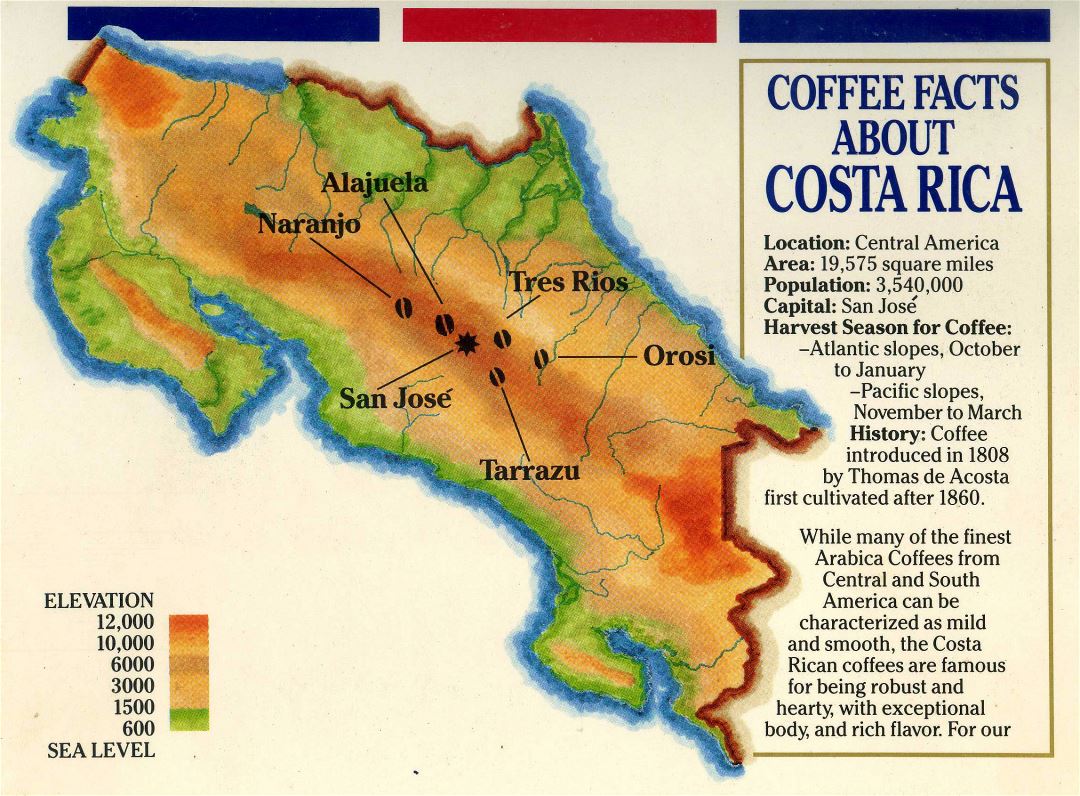 Большая детальная карта рельефа и кофе Коста-Рики