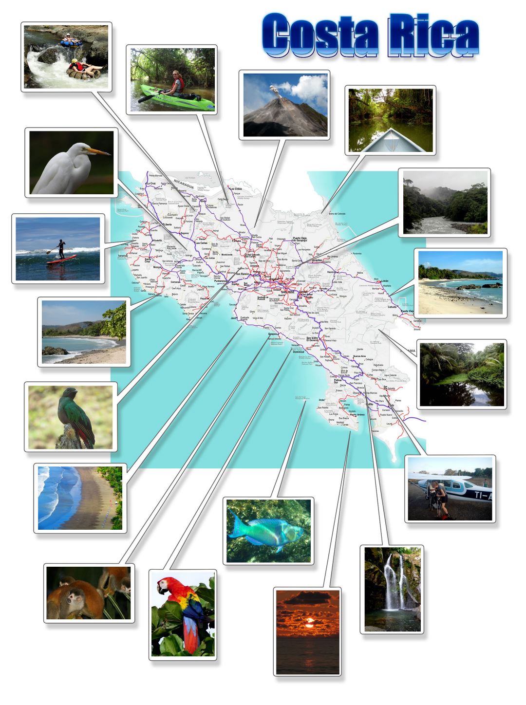 Большая детальная карта Коста-Рики с фотографиями