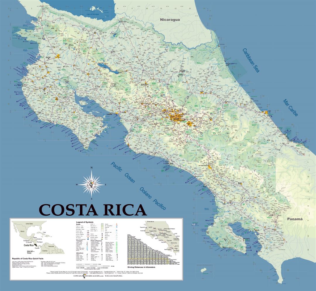 Большая детальная карта Коста-Рики с дорогами, городами, аэропортами и другими пометками