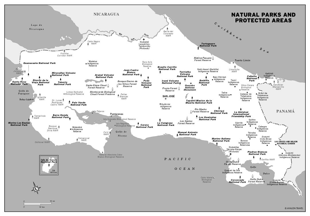 Большая подробная карта природных парков и охраняемых территорий Коста-Рики