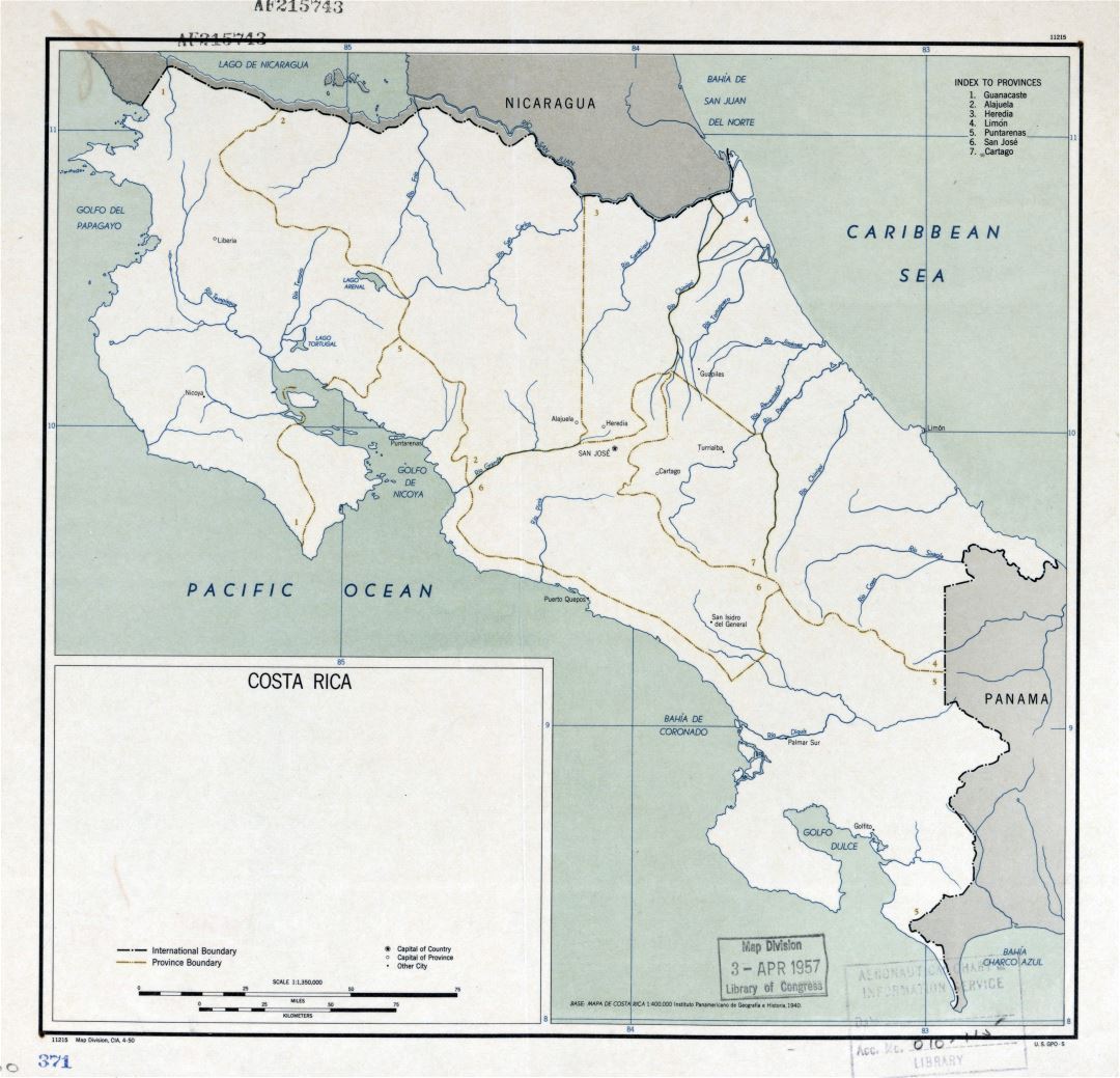 Большая детальная политическая и административная карта Коста-Рики с крупными городами - 1950