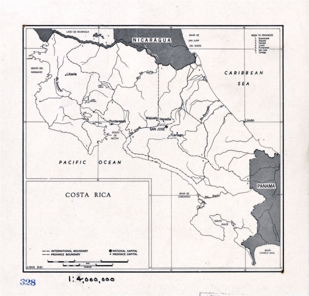 Большая подробная политическая и административная карта Коста-Рики с крупными городами - 1951