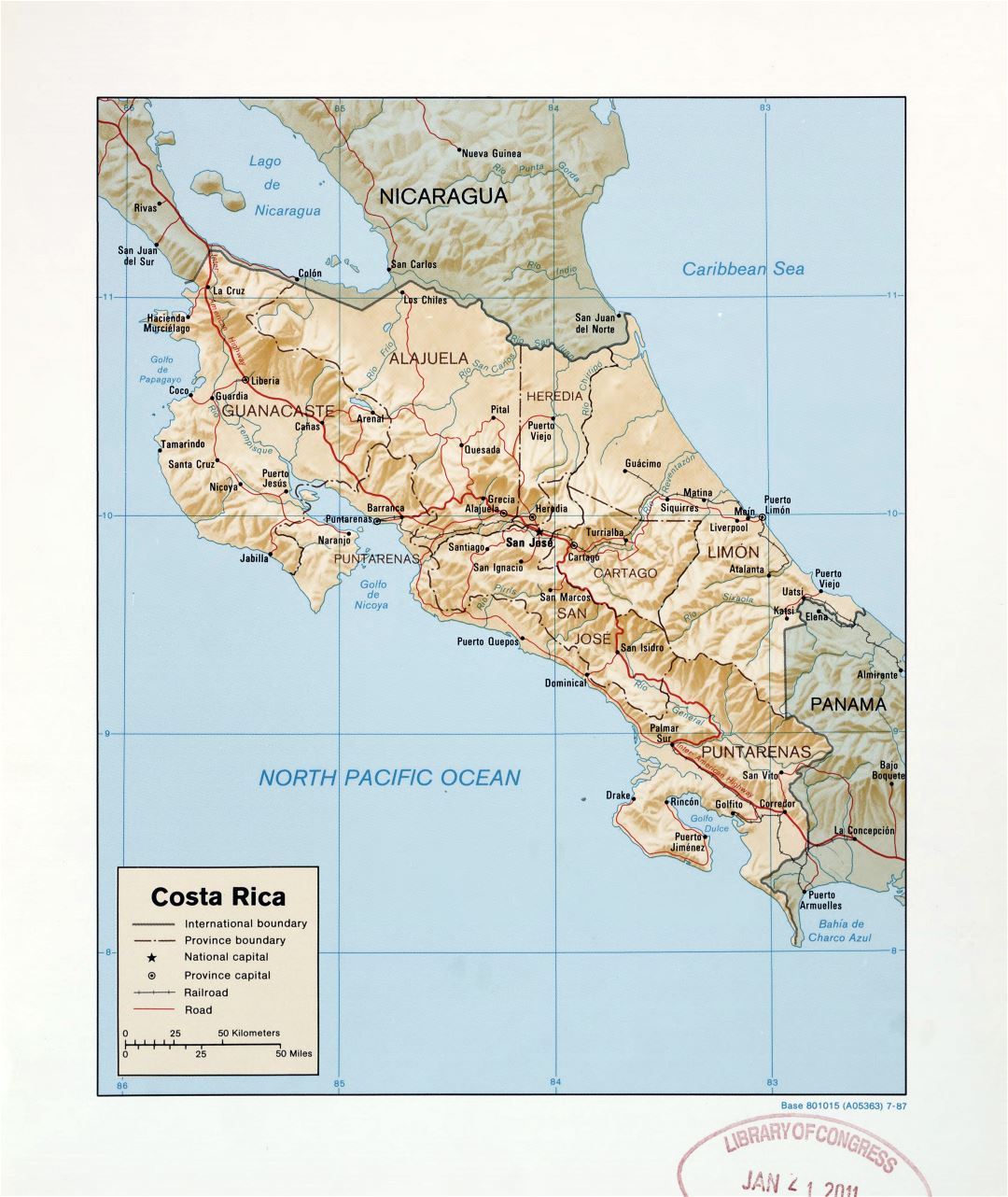 Большая детальная политическая и административная карта Коста-Рики с рельефом, дорогами, железными дорогами и крупными городами - 1987