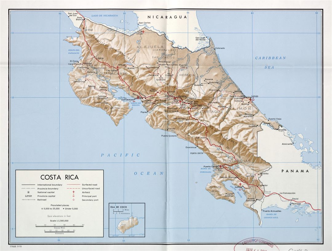 Большая подробная политическая и административная карта Коста-Рики с рельефом, дорогами, железными дорогами, крупными городами, портами и аэропортами - 1970
