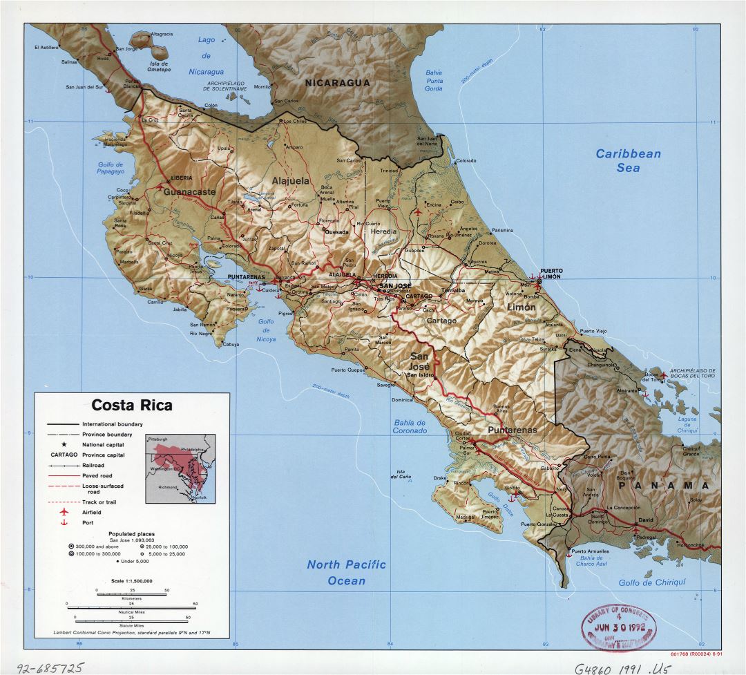 Большая детальная политическая и административная карта Коста-Рики с рельефом, дорогами, железными дорогами, крупными городами, портами и аэропортами - 1991