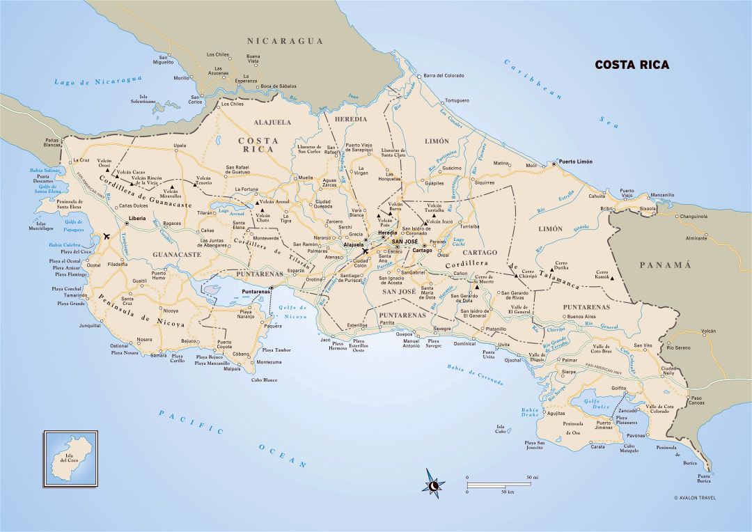 Большая подробная политическая и административная карта Коста-Рики с дорогами, городами и аэропортами