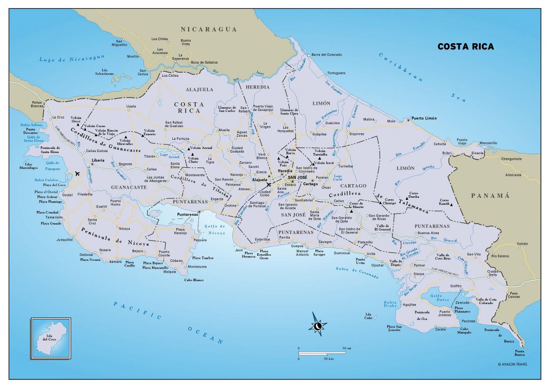 Большая детальная политическая и административная карта Коста-Рики с дорогами, крупными городами и аэропортами