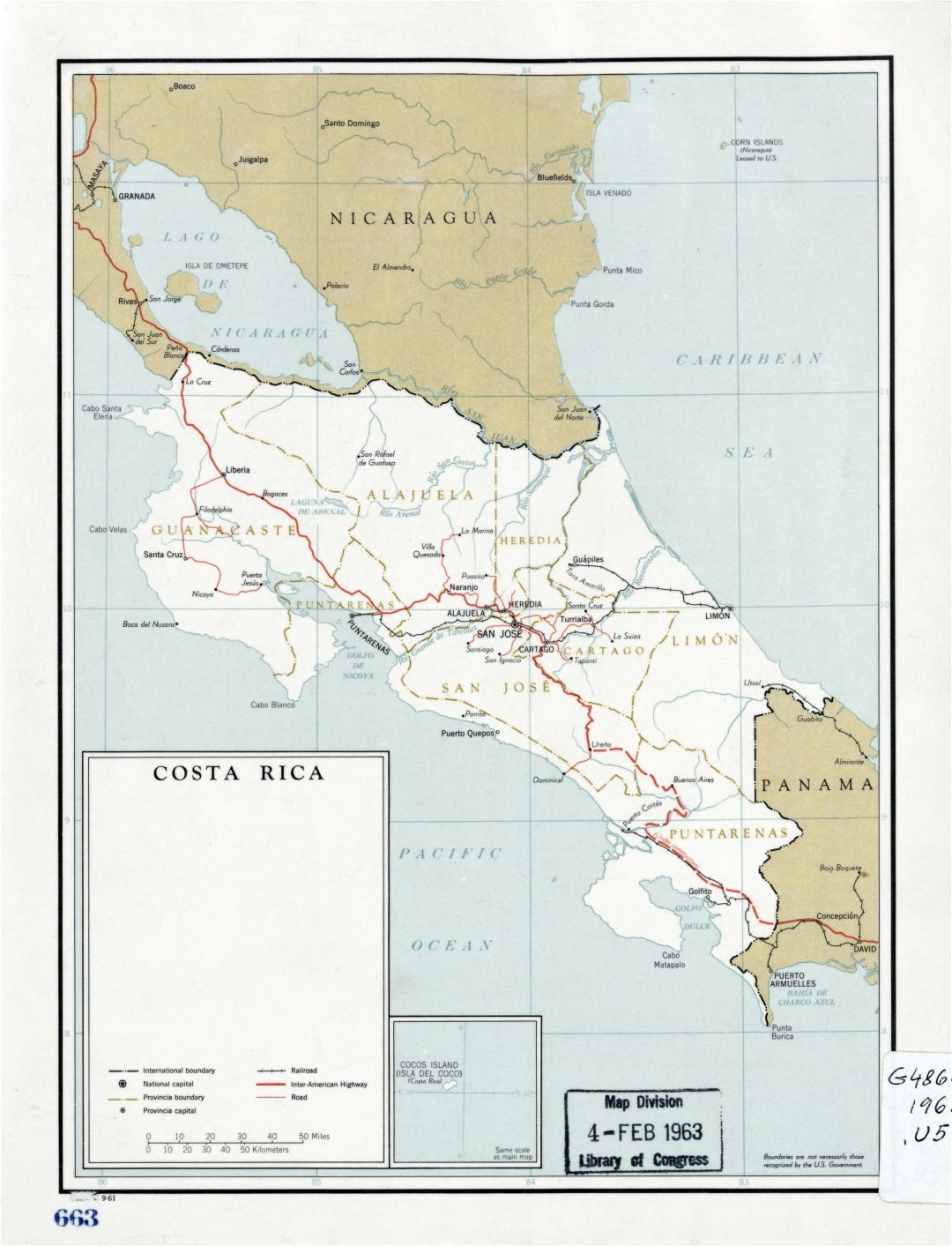 Большая детальная политическая и административная карта Коста-Рики с дорогами, железными дорогами и крупными городами - 1961