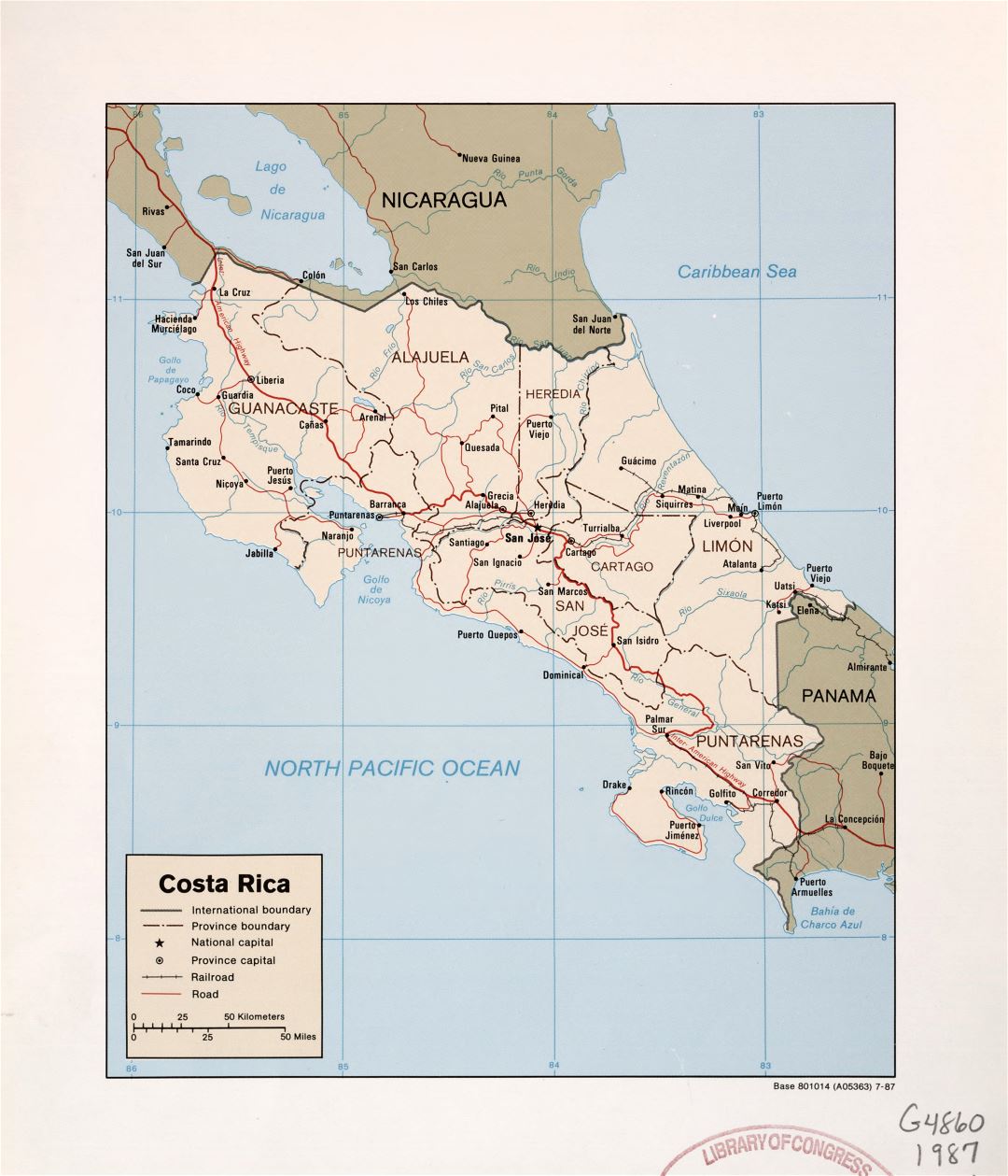 Большая подробная политическая и административная карта Коста-Рики с дорогами, железными дорогами и крупными городами - 1987