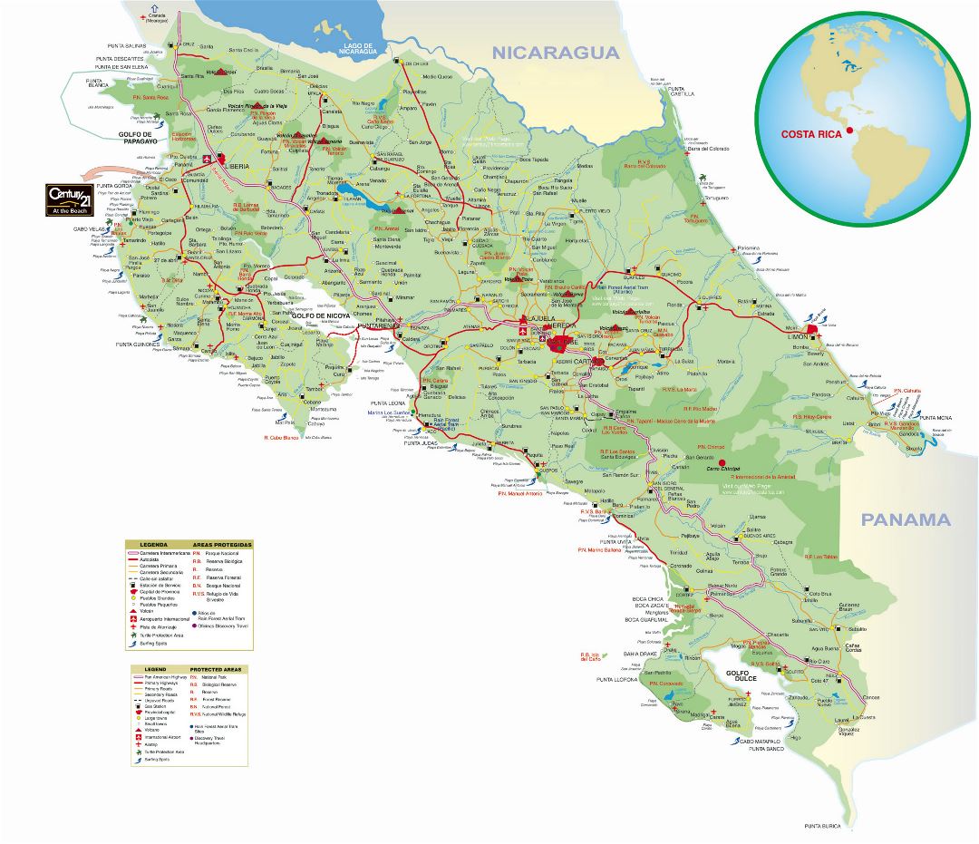 Большая детальная карта дорог Коста-Рики с городами, заправочными станциями и другими пометками