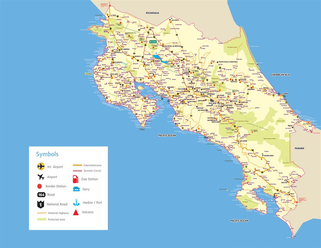 Большая детальная карта дорог и автомагистралей Коста-Рики с городами и другими пометками