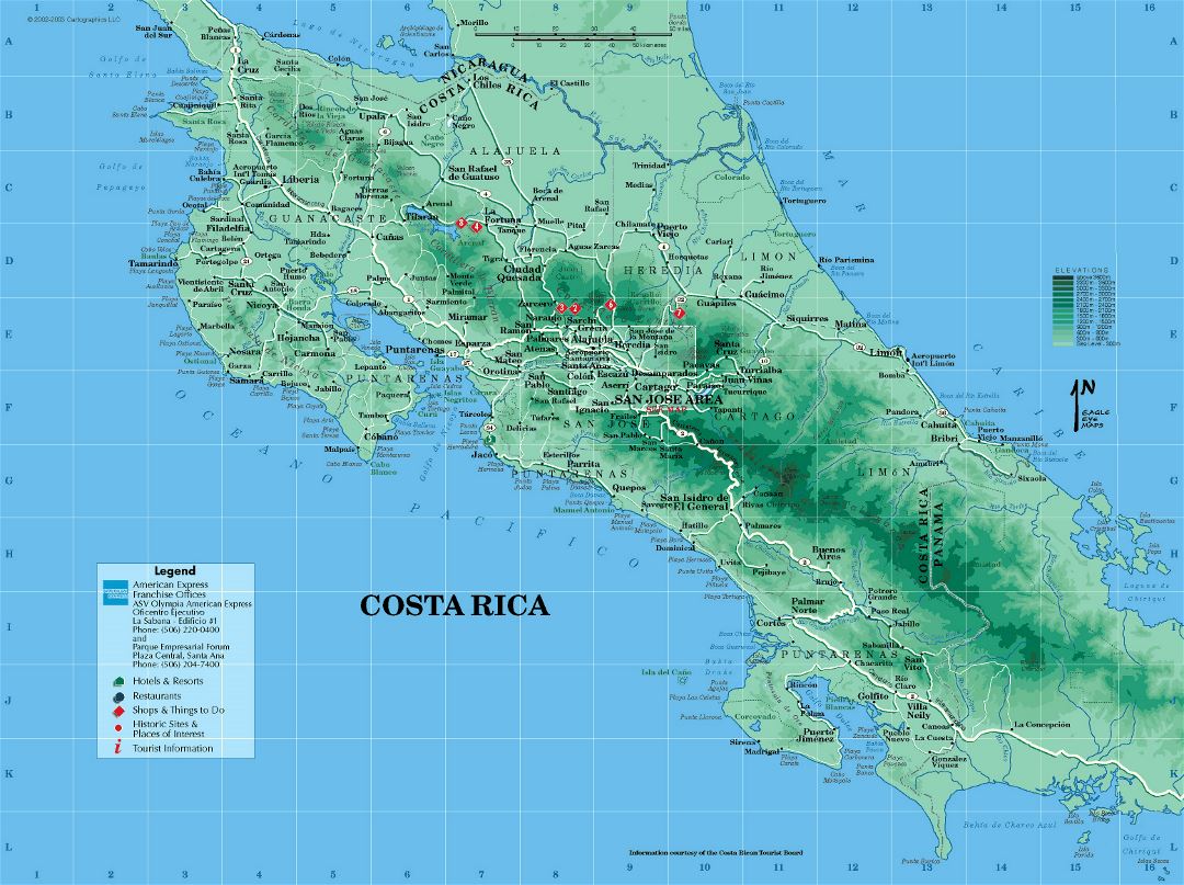 Большая детальная туристическая карта Коста-Рики с другими пометками