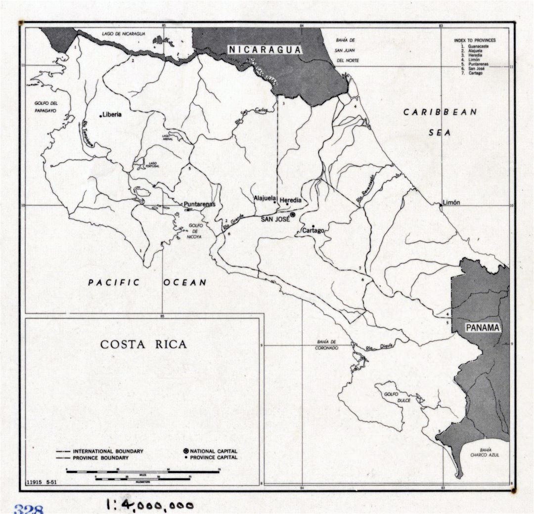 Большая политическая и административная карта Коста-Рики - 1951