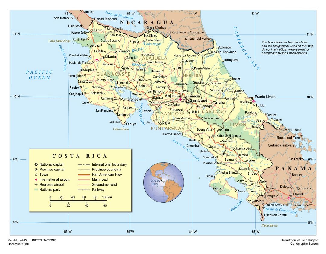 Большая политическая и административная карта Коста-Рики с дорогами, городами, национальными парками и аэропортами