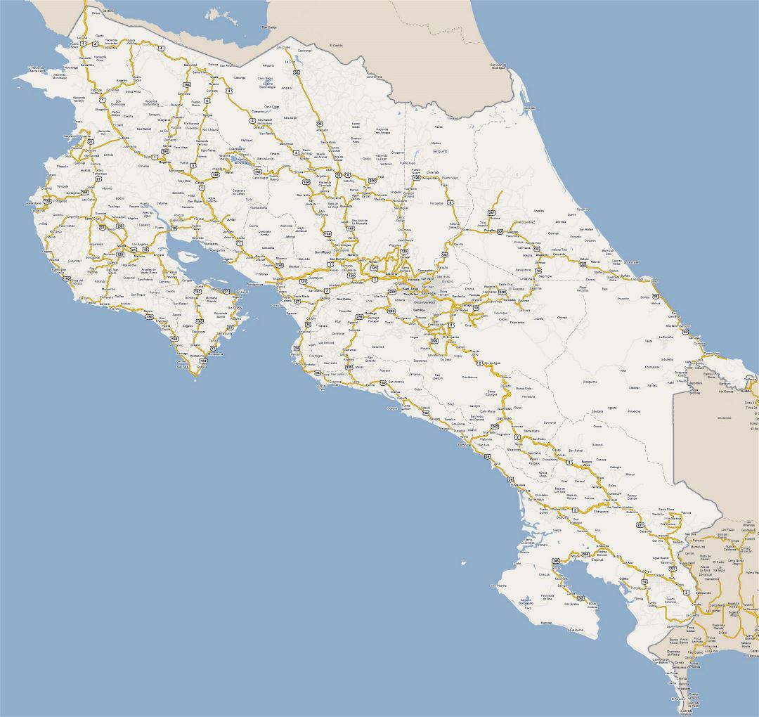 Большая карта дорог Коста-Рики со всеми городами