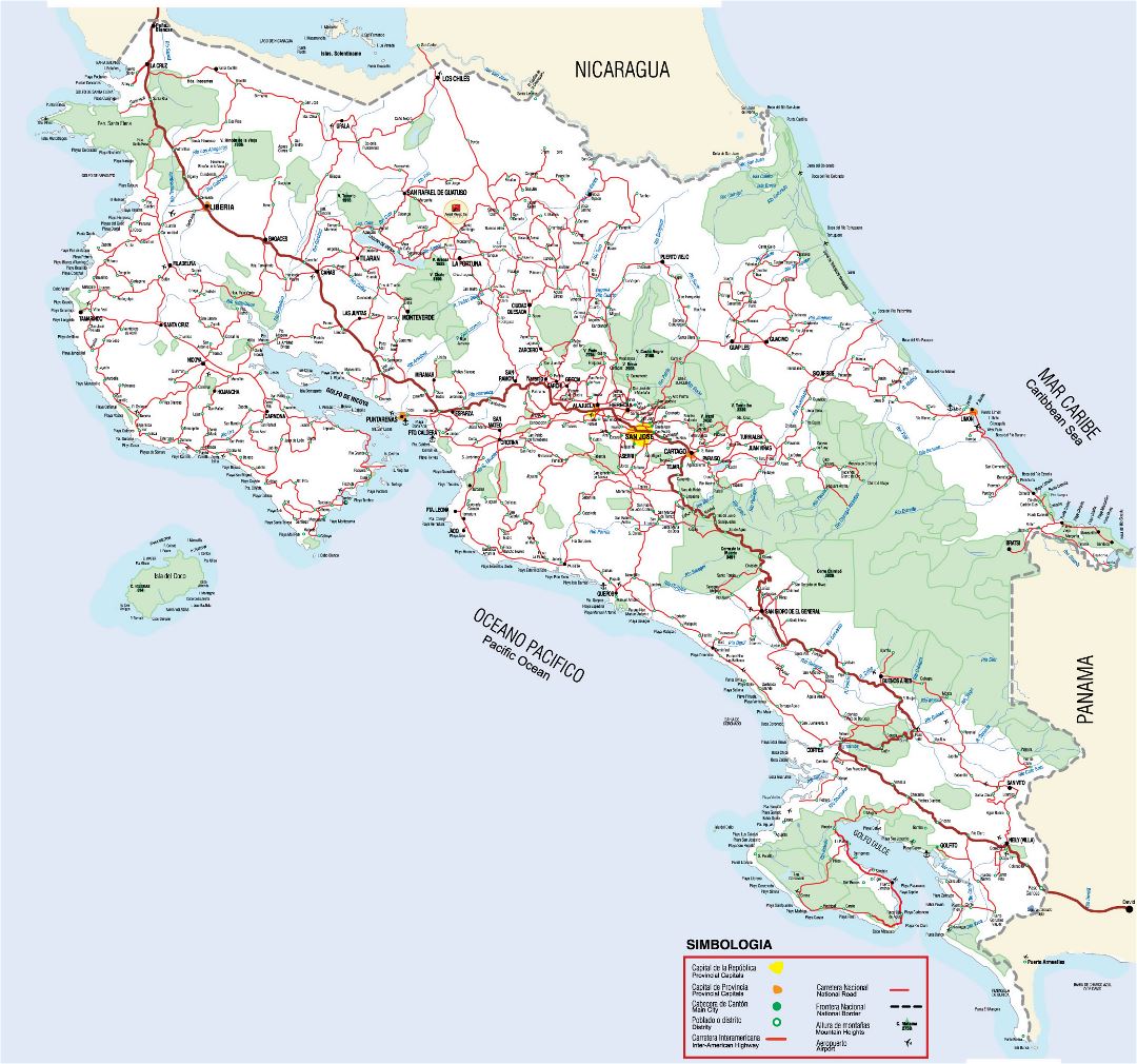 Большая карта дорог Коста-Рики с городами, национальными парками и аэропортами