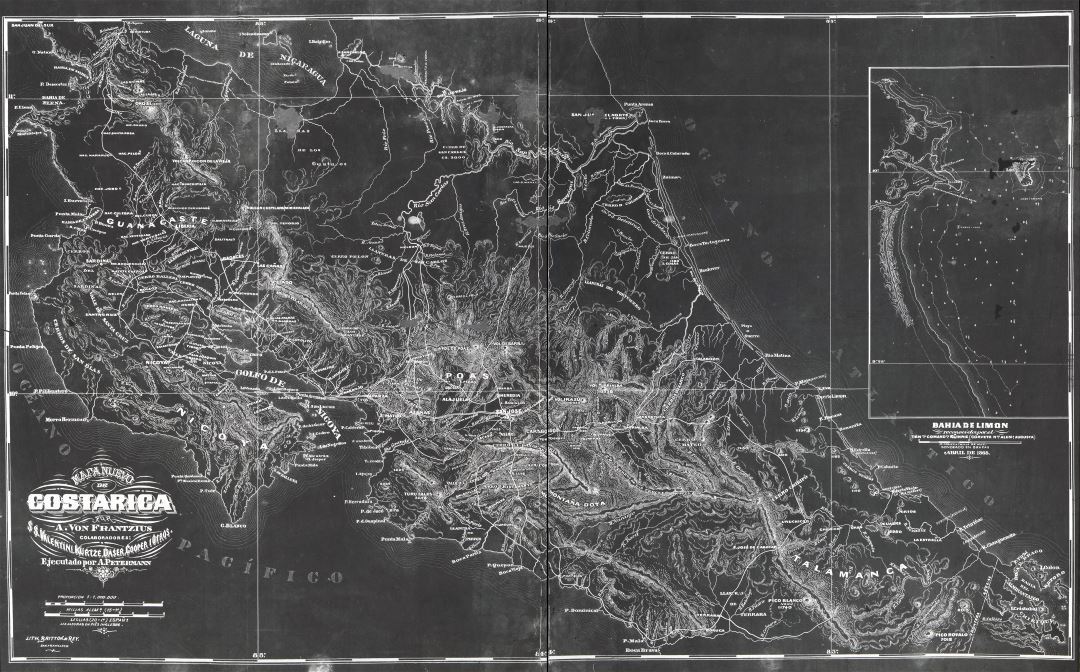 Крупномасштабная старая карта Коста-Рики с рельефом - 1868