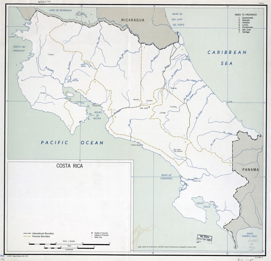 Крупномасштабная политическая и административная карта Коста-Рики с крупными городами - 1950