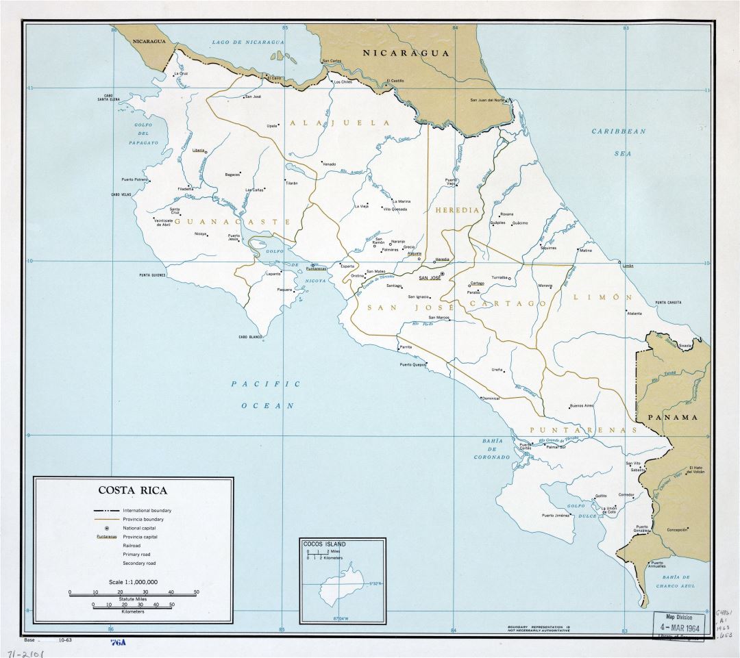 Крупномасштабная политическая и административная карта Коста-Рики с крупными городами - 1963