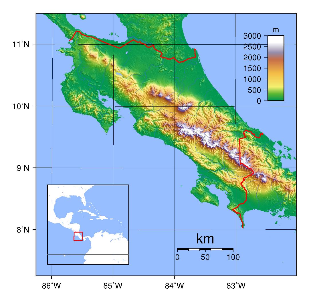 Большая топографическая карта Коста-Рики