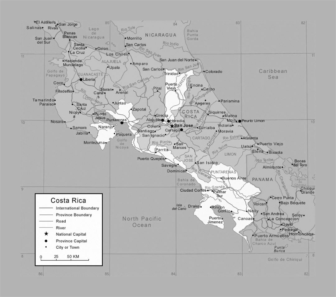 Политическая и административная карта Коста-Рики