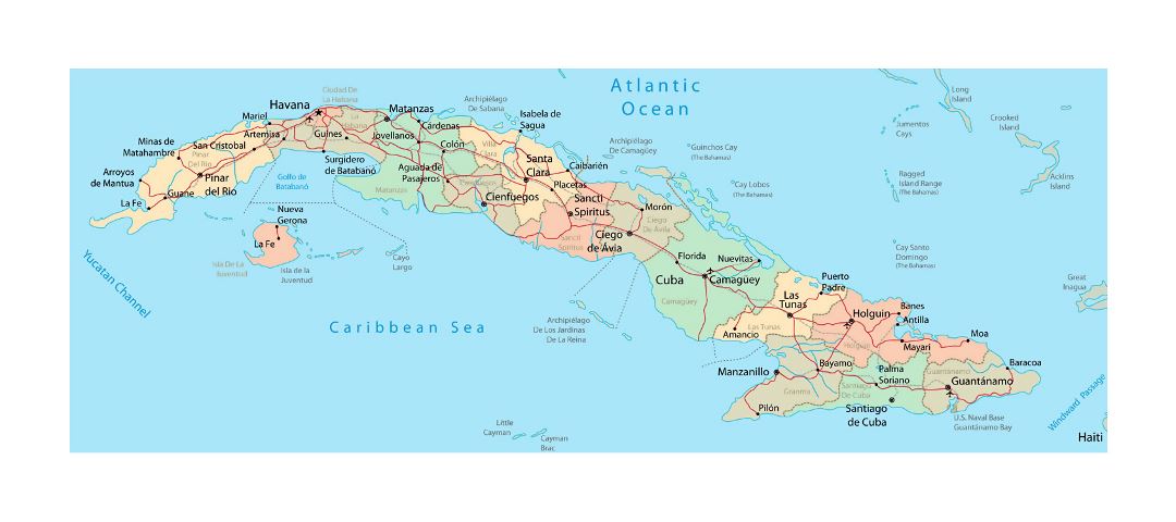 Детальная административная карта Кубы с дорогами, железными дорогами, городами и аэропортами