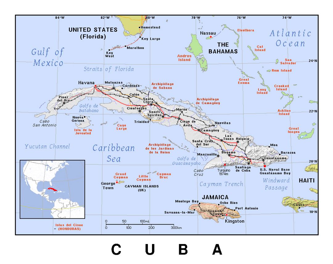 Детальная политическая карта Кубы с рельефом