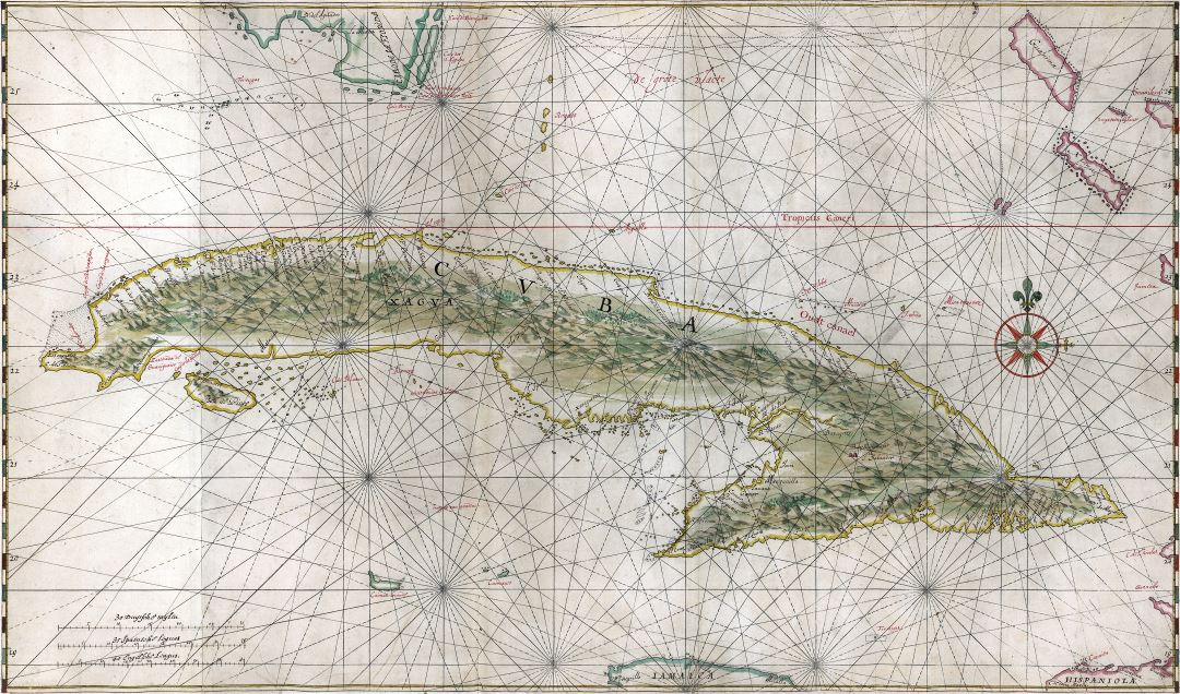 Большая детальная античная карта Кубы с рельефом