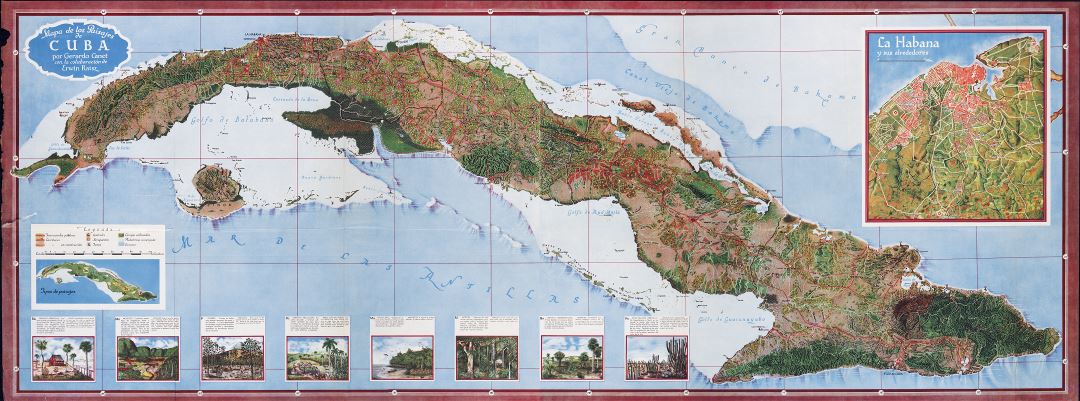 Большая подробная карта Кубы с рельефом и другими пометками - 1949