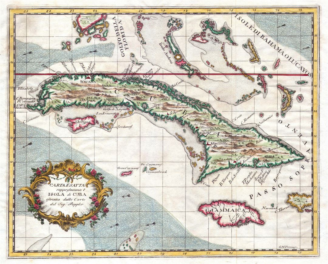 Большая детальная старая карта Кубы - 1763
