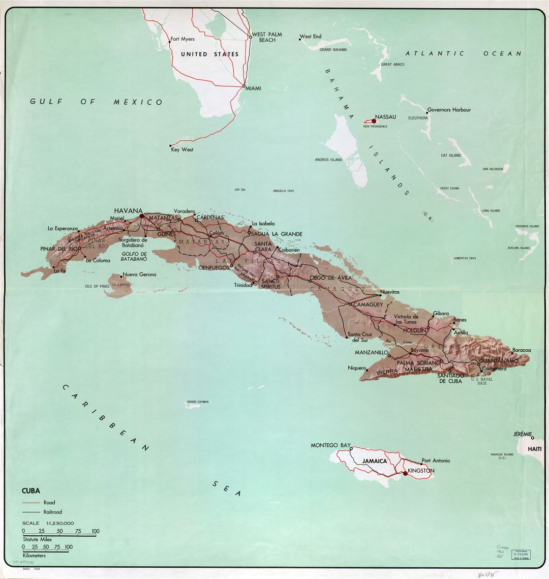 Большая подробная политическая и административная карта Кубы с рельефом, дорогами, железными дорогами и крупными городами - 1962