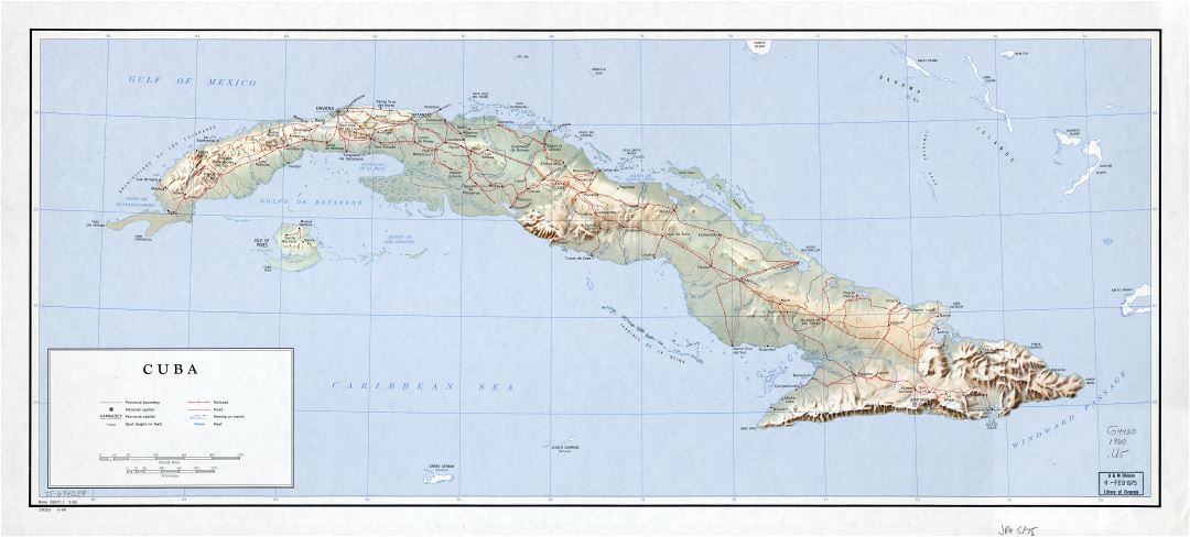Большая детальная политическая и административная карта Кубы с рельефом, дорогами, железными дорогами, городами и другими пометками - 1960