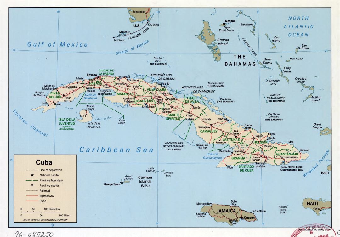Большая детальная политическая и административная карта Кубы с дорогами, железными дорогами и крупными городами - 1994