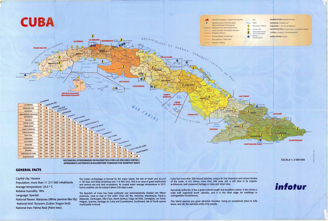 Большая детальная туристическая карта Кубы с административными делениями, дорогами, городами, портами, аэропортами и другими пометками
