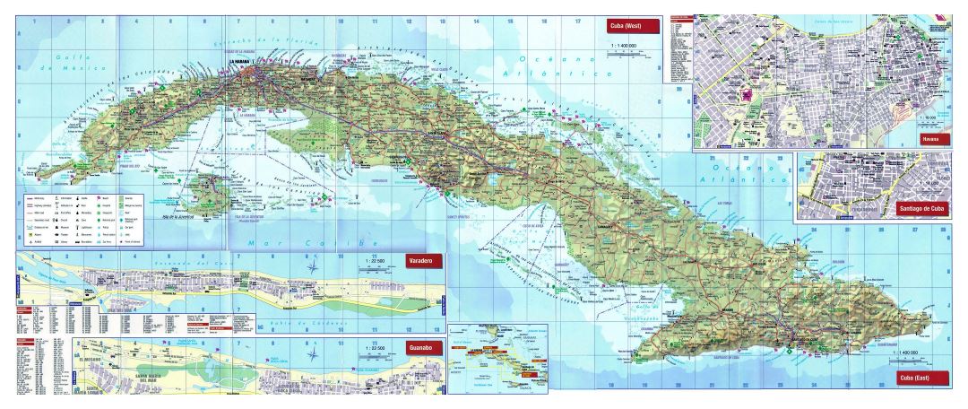 Большая подробная туристическая карта Кубы с рельефом, дорогами, городами, аэропортами и другими пометками