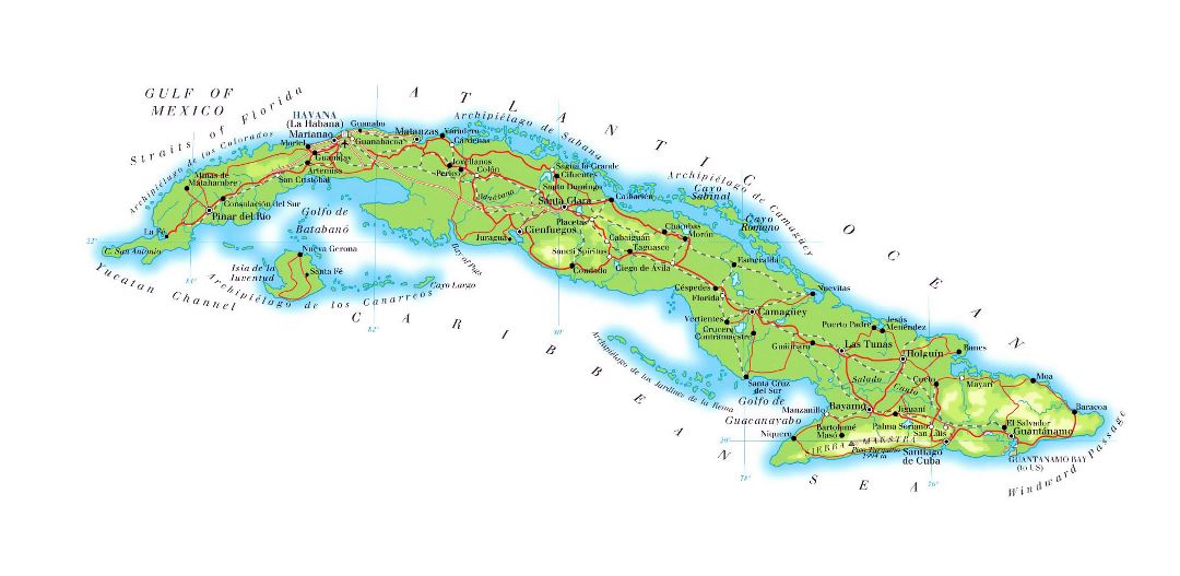 Большая карта высот Кубы с дорогами, железными дорогами, крупными городами и аэропортами
