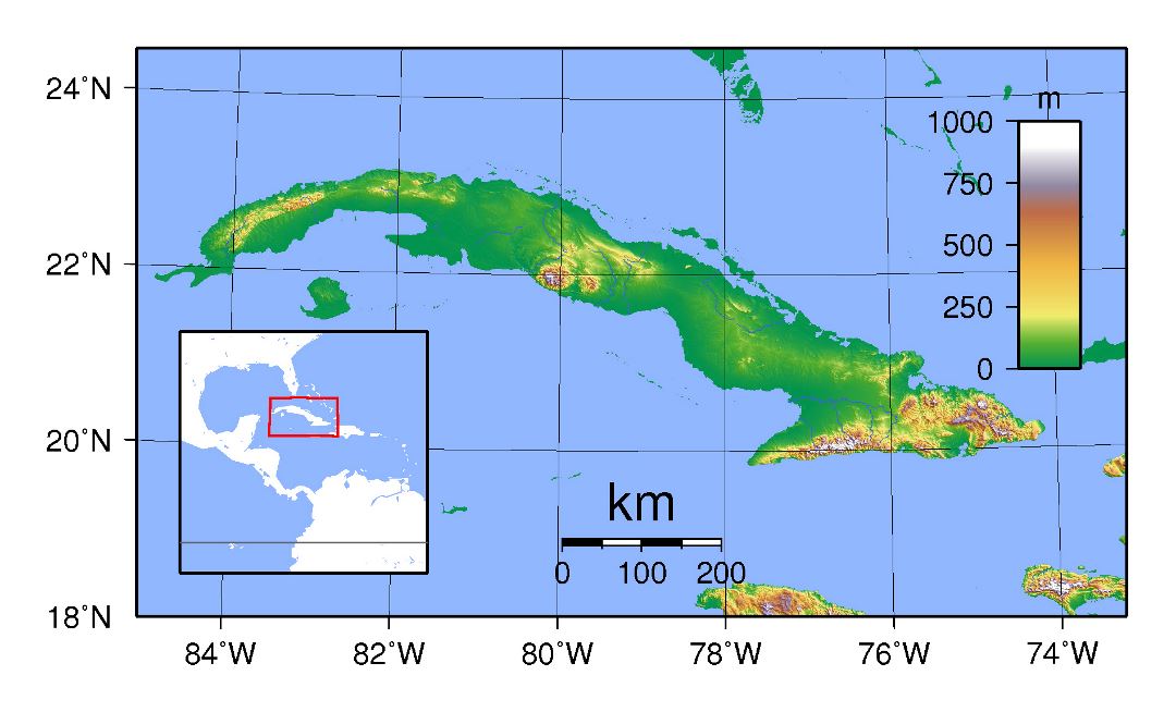 Большая физическая карта Кубы