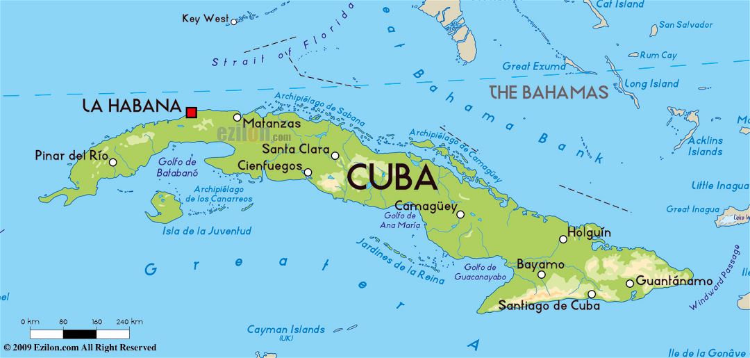 Большая физическая карта Кубы с крупными городами