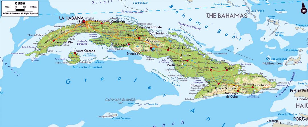 Большая физическая карта Кубы с дорогами, городами и аэропортами