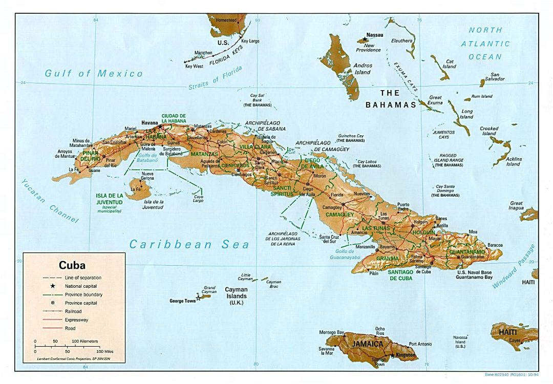 Большая политическая и административная карта Кубы с рельефом, дорогами, железными дорогами и крупными городами - 1994