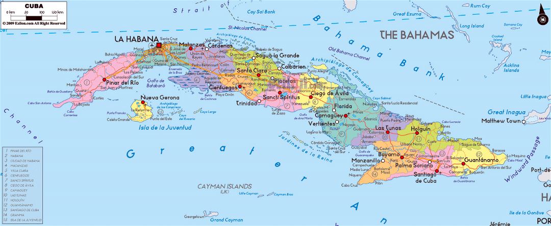 Большая политическая и административная карта Кубы с дорогами, городами и аэропортами