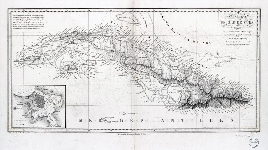 Крупномасштабная детальная старая карта Кубы с рельефом - 1820