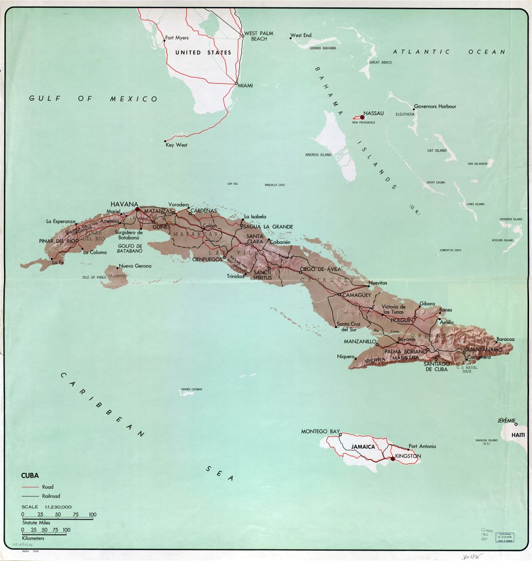 Крупномасштабная подробная политическая и административная карта Кубы с рельефом, дорогами, железными дорогами и крупными городами - 1962