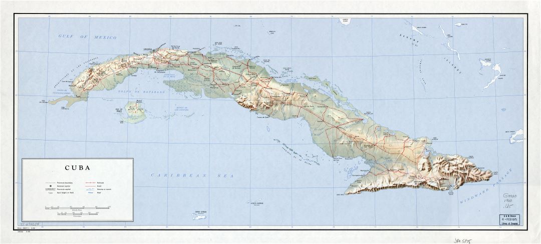 Крупномасштабная детальная политическая и административная карта Кубы с рельефом, дорогами, железными дорогами, городами и другими пометками - 1960