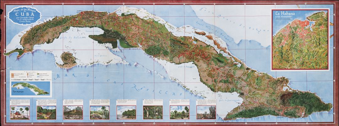 Крупномасштабная карта Кубы с рельефом и другими пометками - 1949