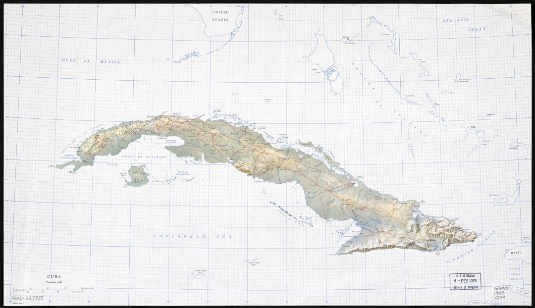 Крупномасштабная карта Кубы с рельефом, дорогами, железными дорогами, городами и реками - 1964