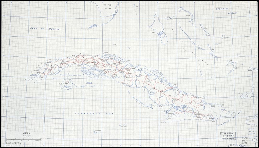 Крупномасштабная карта Кубы с дорогами, железными дорогами, городами и реками - 1962