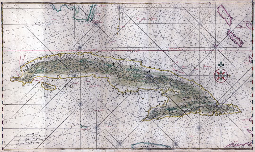 Крупномасштабная старая античная карта Кубы с рельефом - 1639